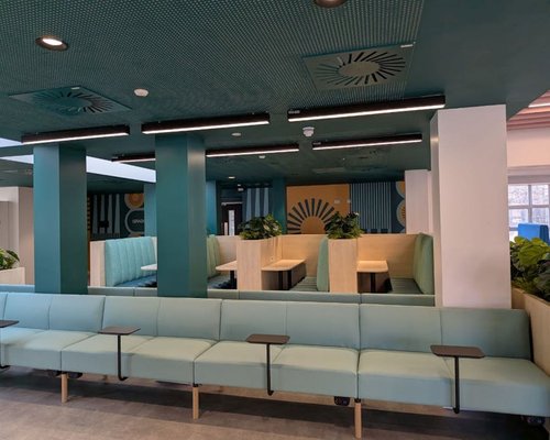 Modern collaborative office space with ergonomic furniture and plants